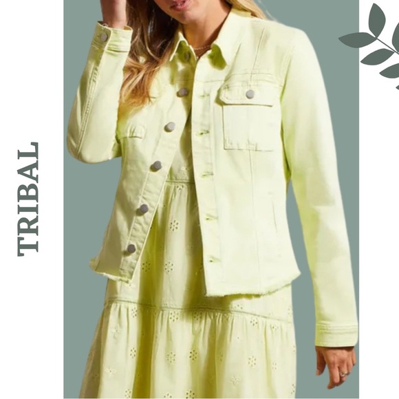 TRIBAL WOMEN'S
BUTTON-UP JACKET WITH RAW EDGE HEM-WILD LIME Size Extra Small - Picture 1 of 7